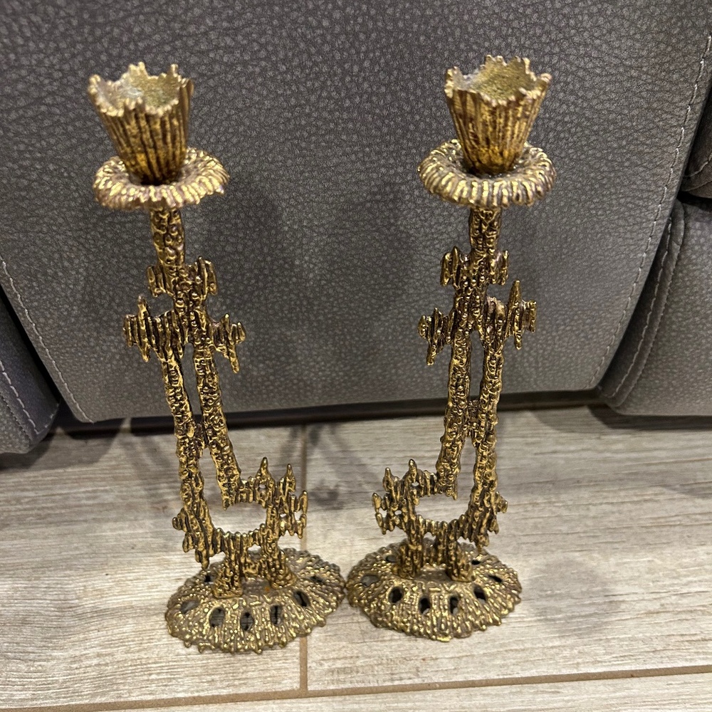 Pair of Wainberg Brass Brutalist Candleholders Made in Israel